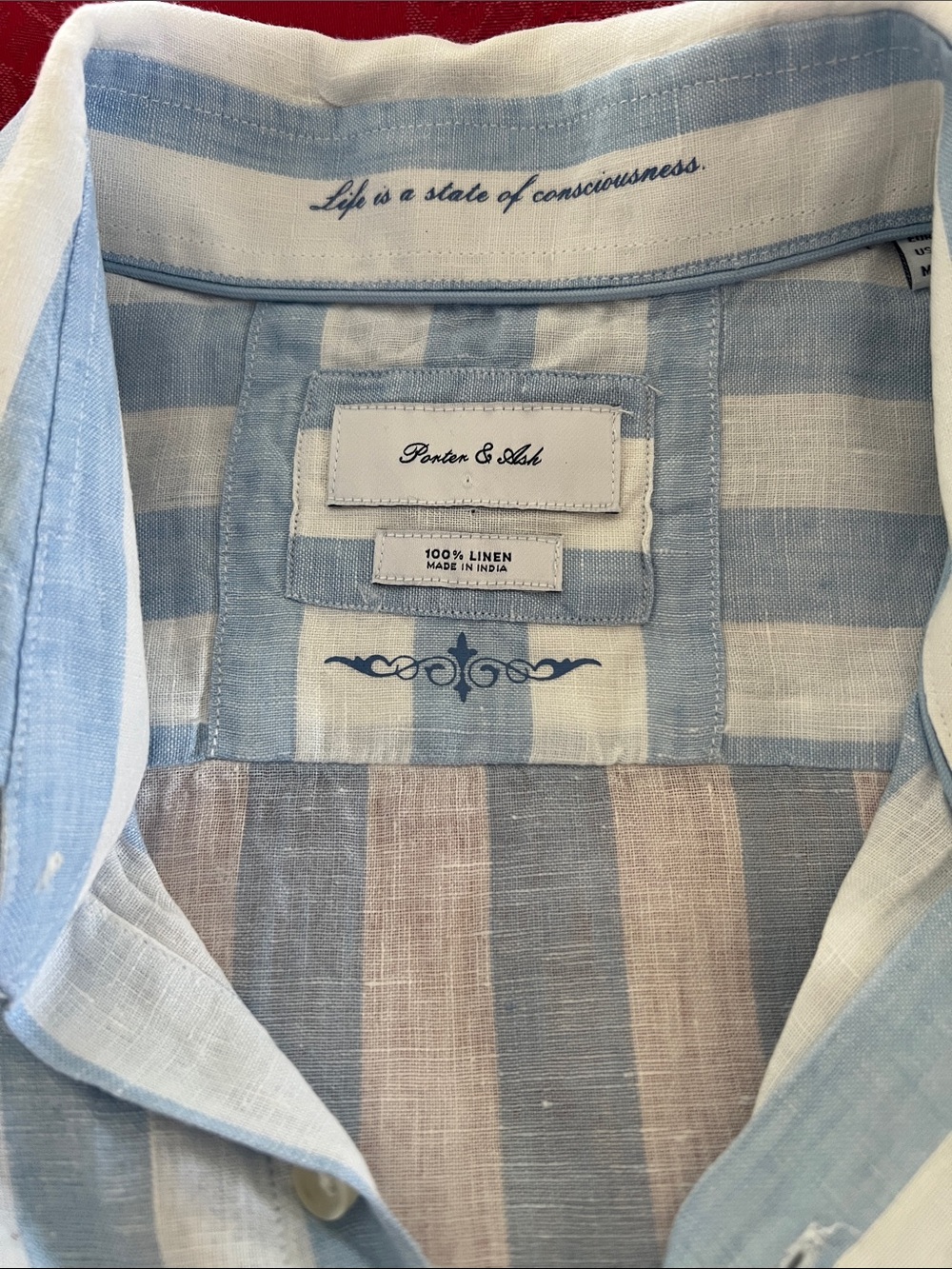 Porter & Ash 100% Linen Short Sleeve Button-Up Shirt Blue White Stripe Men's L